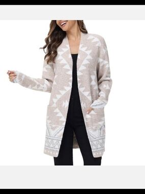 Frye Beige and White Aztec-Pattern Open Cardigan